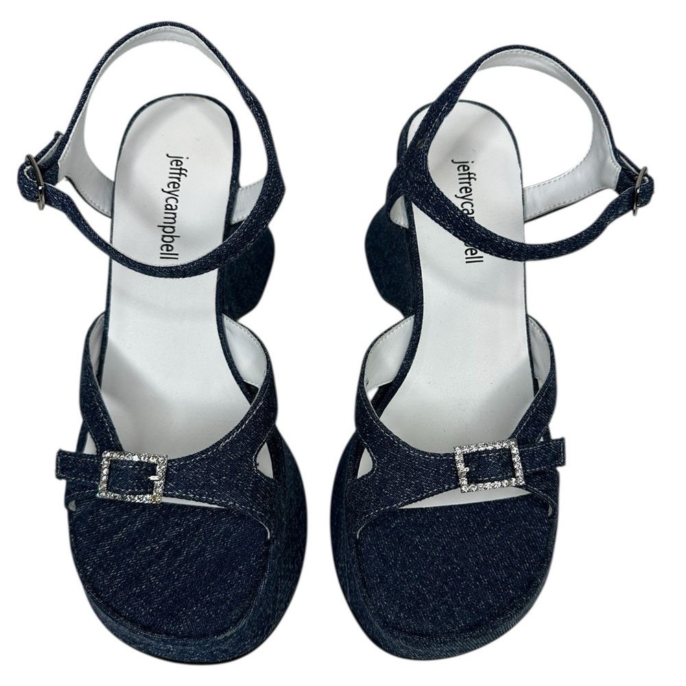 Jeffrey Campbell Blue Denim Platform Sandals with Rhinestone Buckle. Sz: 7.5